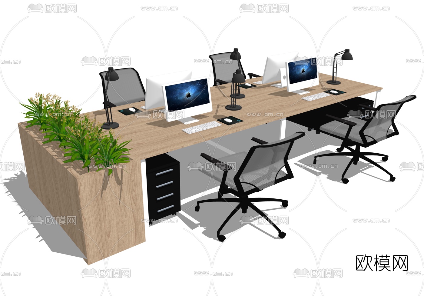 北欧原木卡位办公桌su模型下载