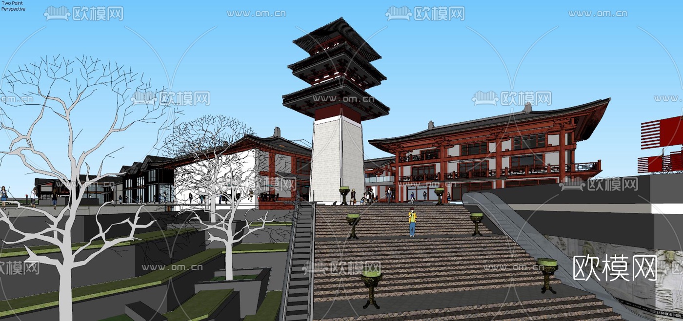 中式汉唐风商业街su模型下载（渲染图1）