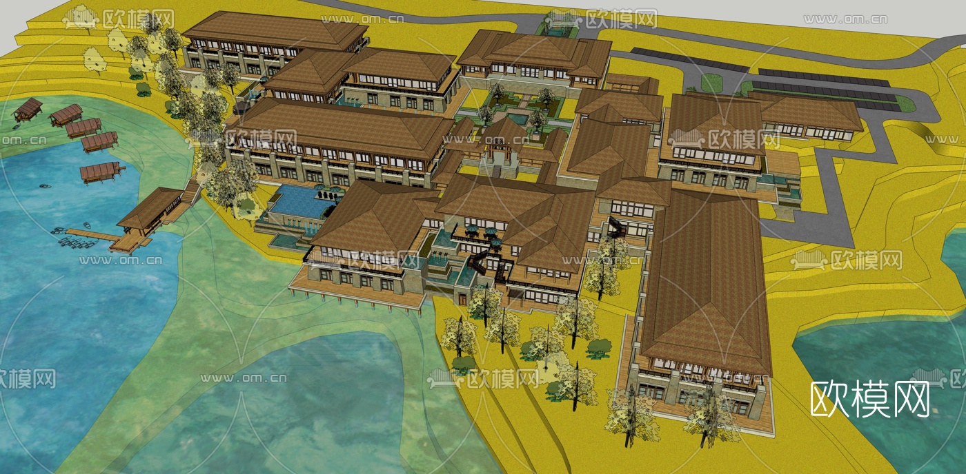 新中式度假酒店su模型下载（渲染图2）
