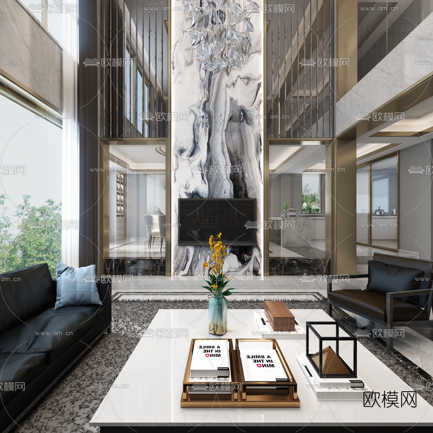 现代轻奢别墅客厅餐厅3d模型