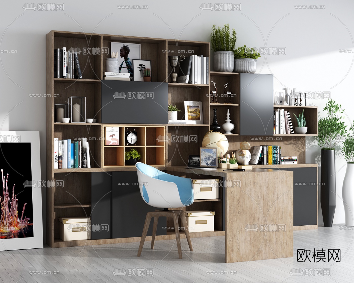 北欧一体式书柜书桌椅3d模型下载