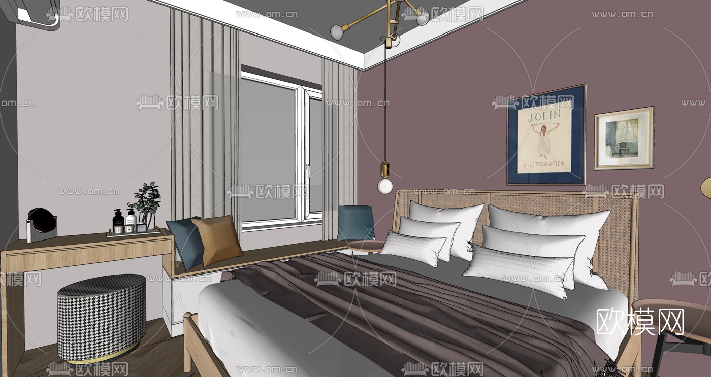 北欧客厅餐厅卧室su模型下载（渲染图4）