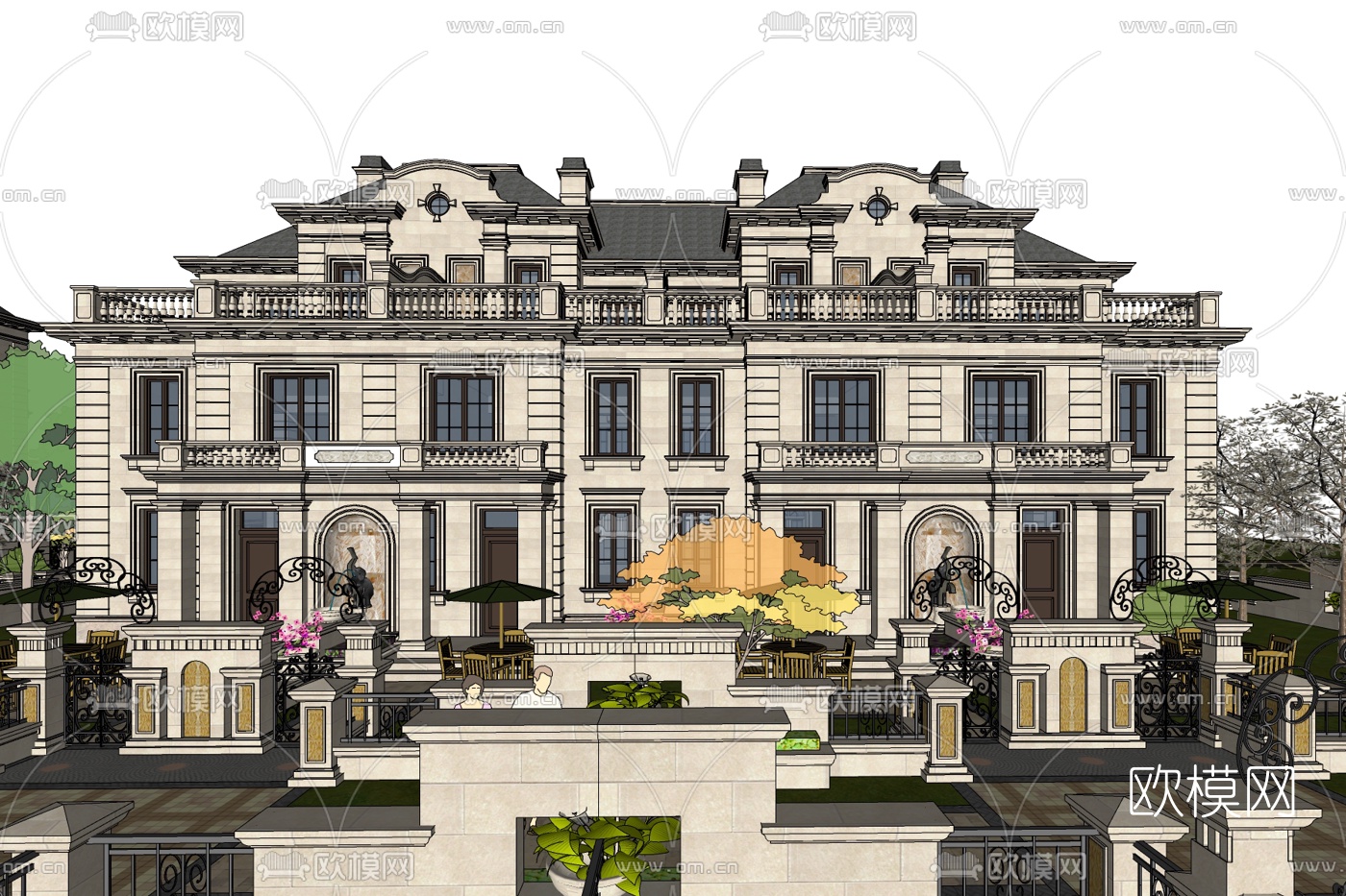 法式连排别墅外观免费su模型下载