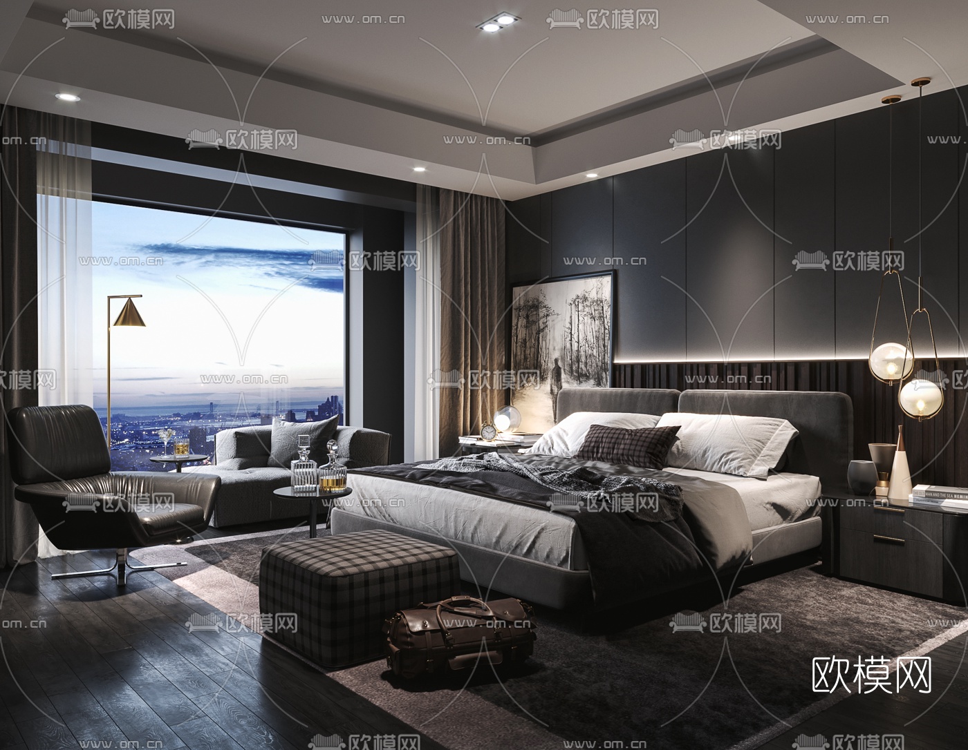现代卧室主人房3d模型-免费3dmax模型库-欧模网