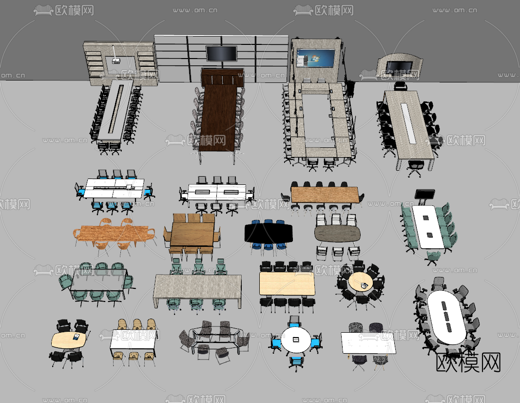 现代会议桌组合su模型下载（渲染图2）