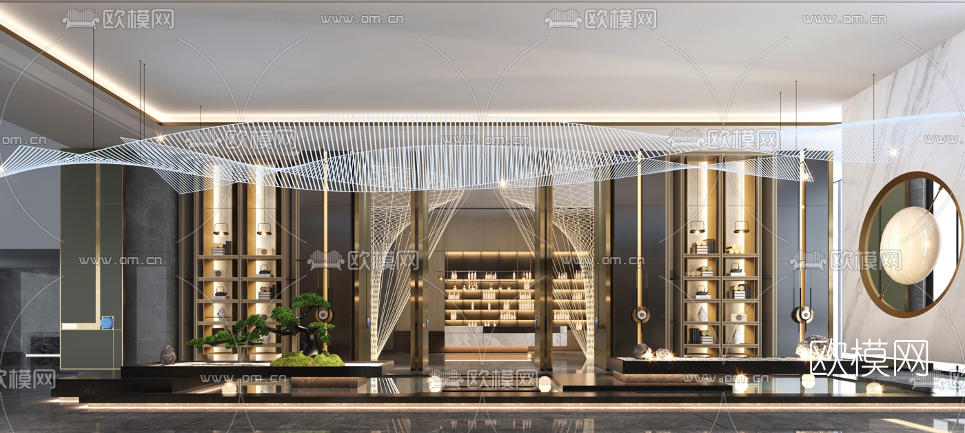 新中式酒店水景过道3d模型