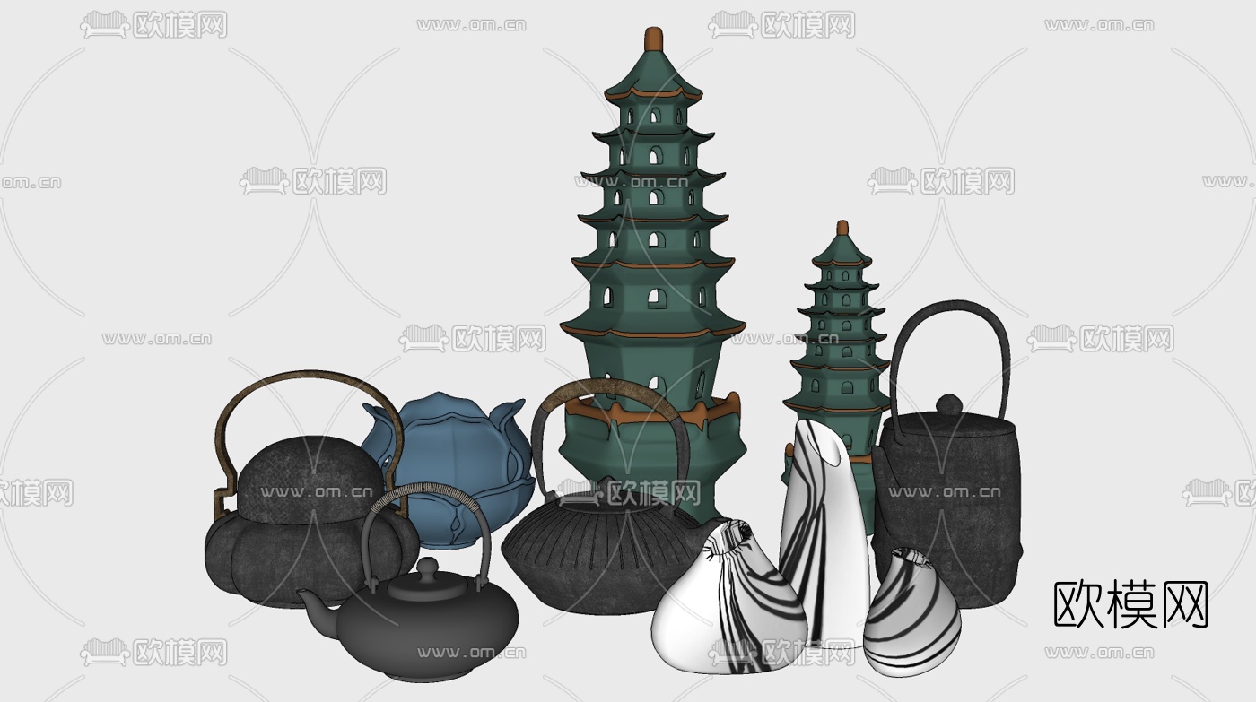 新中式摆件茶具su模型下载