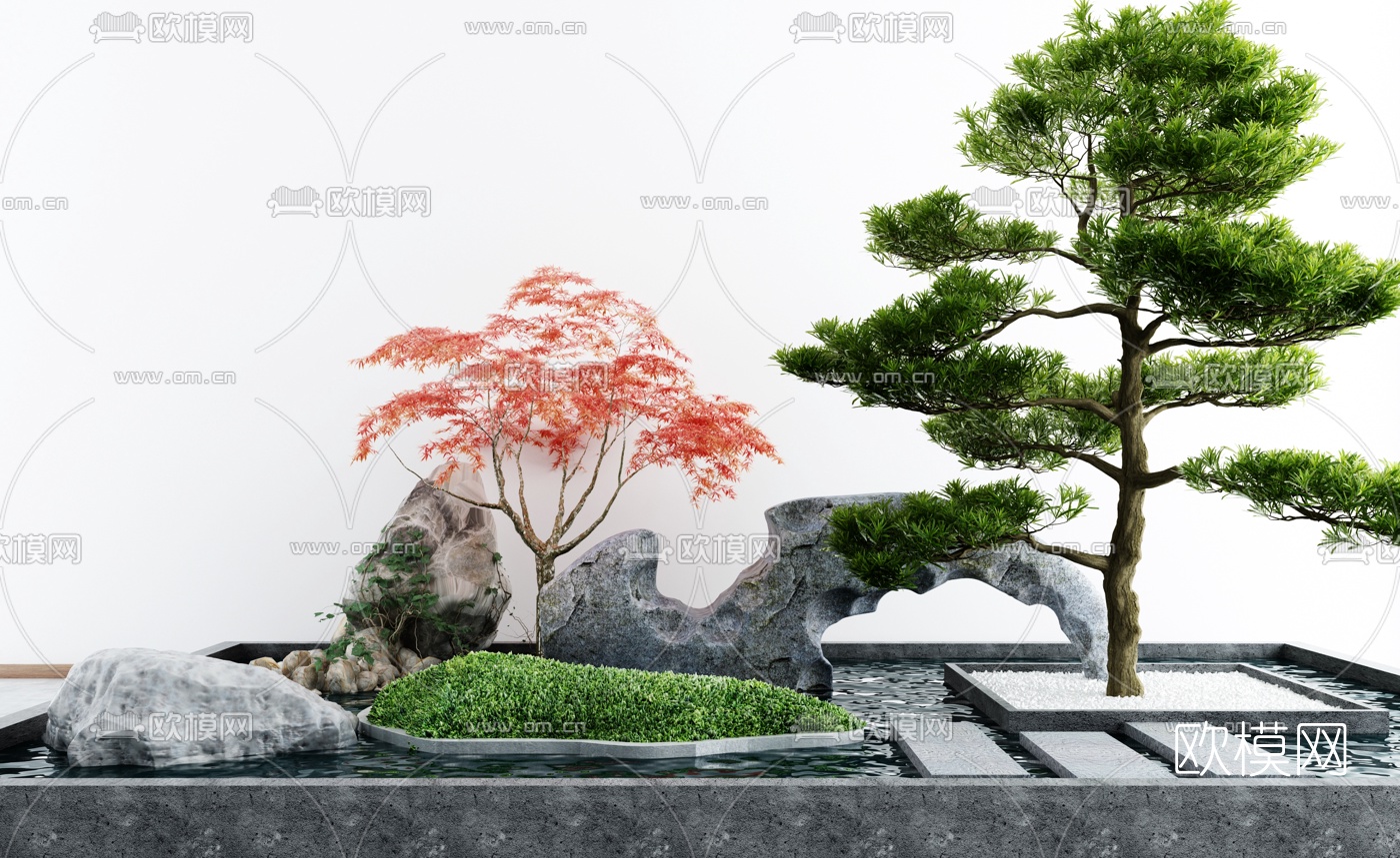 新中式松树假山园艺小品3d模型