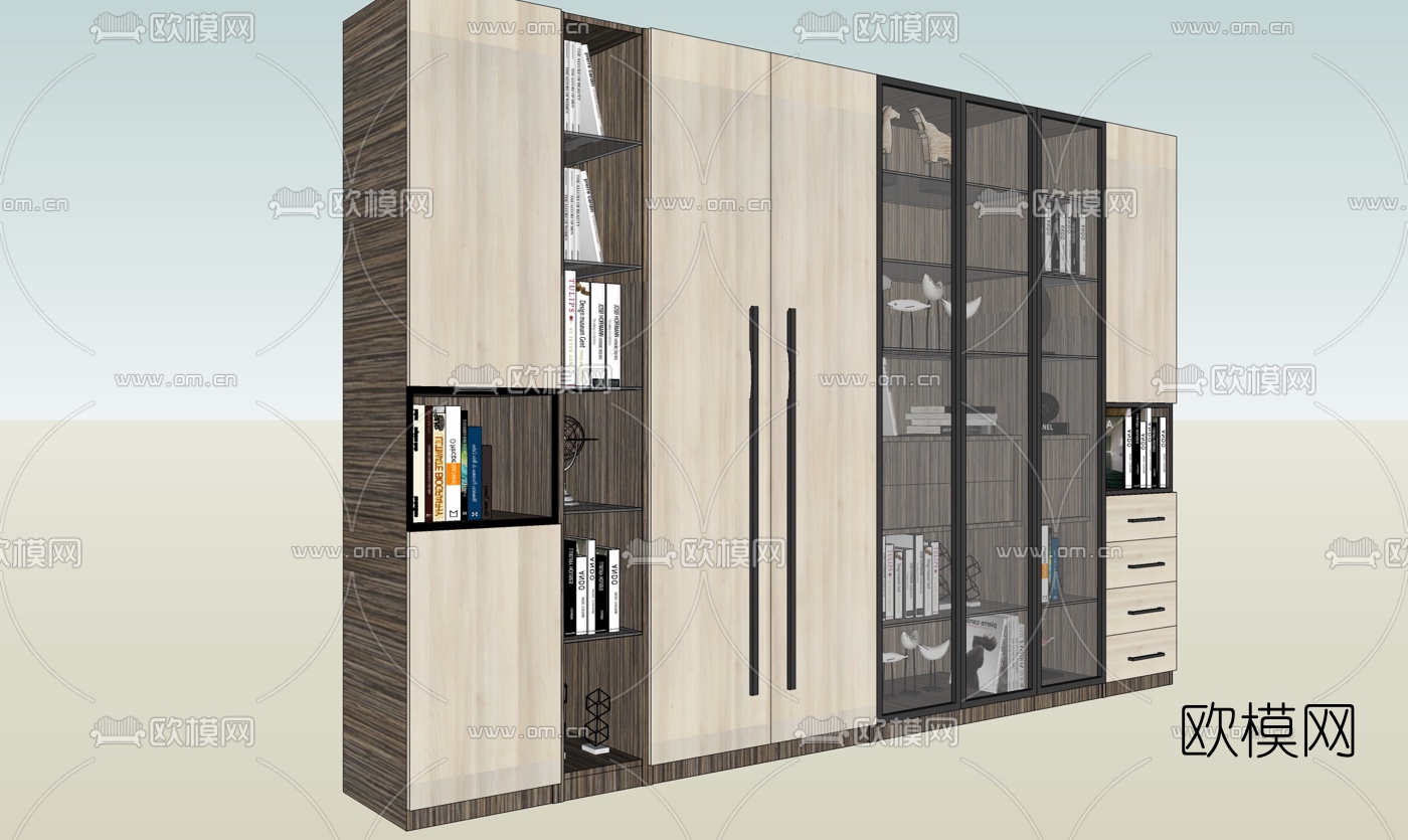 现代实木书柜su模型下载（渲染图2）