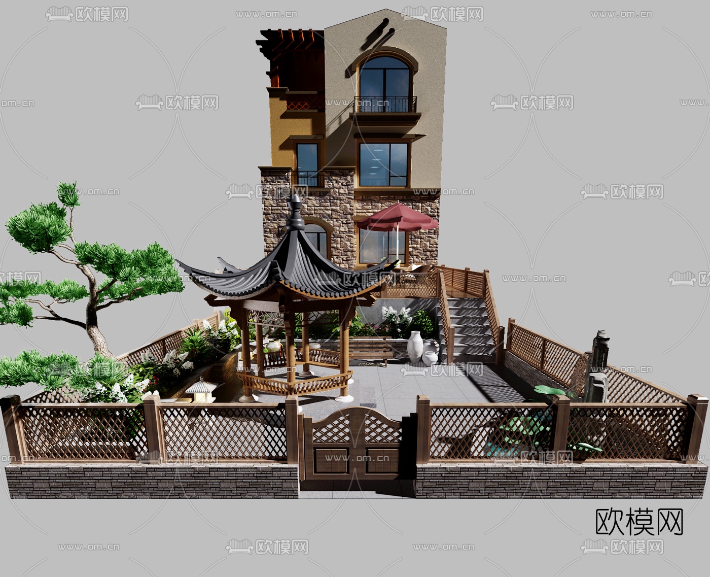 中式庭院花园3d模型下载（渲染图2）