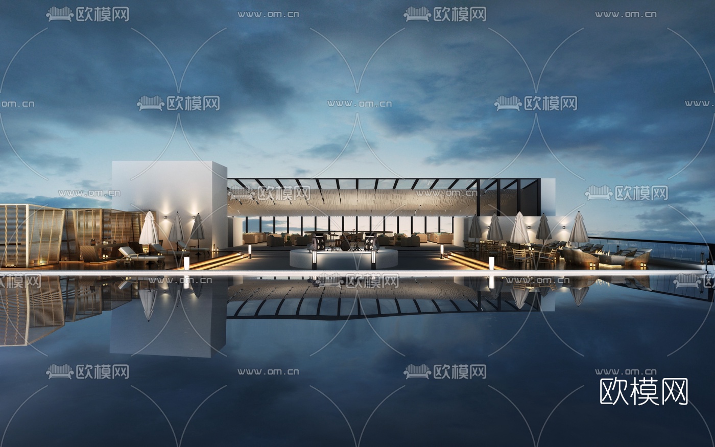 现代豪华别墅露台泳池3d模型下载（渲染图1）