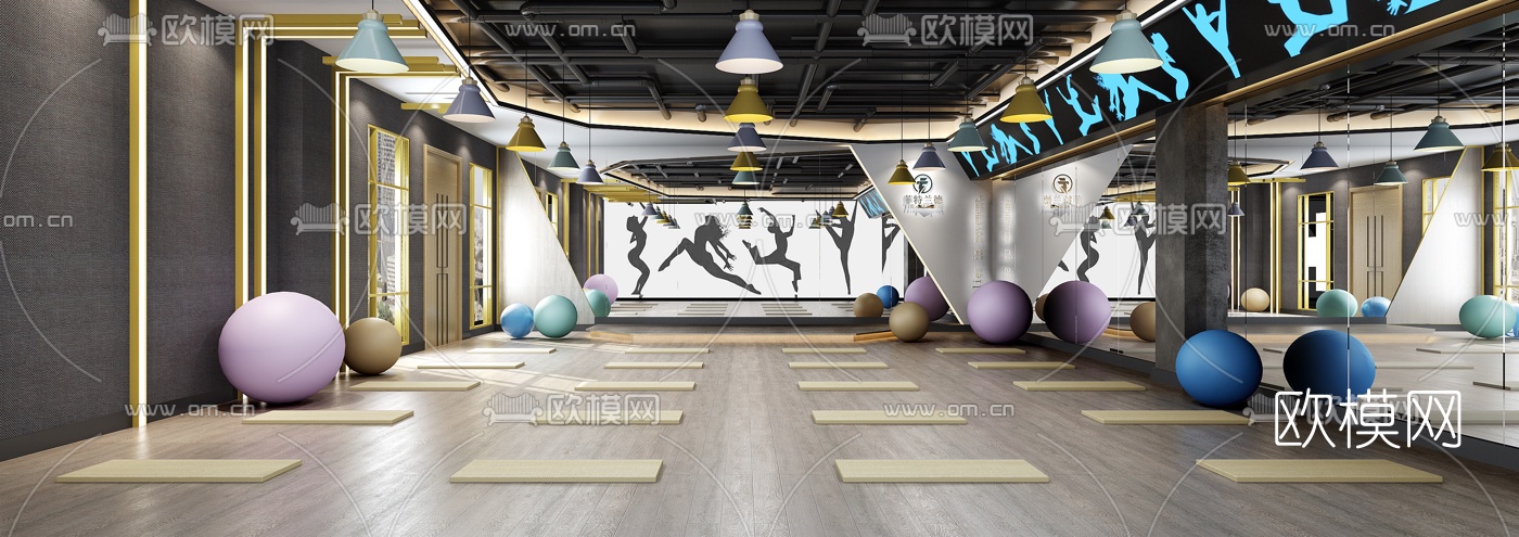工业风健身房瑜伽室3d模型下载（渲染图2）