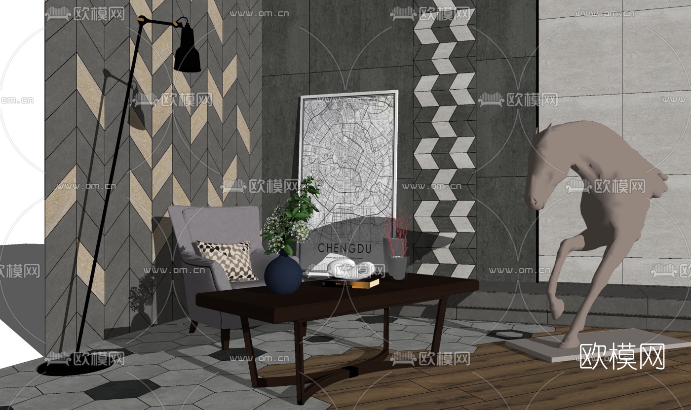 现代实木书桌su模型下载