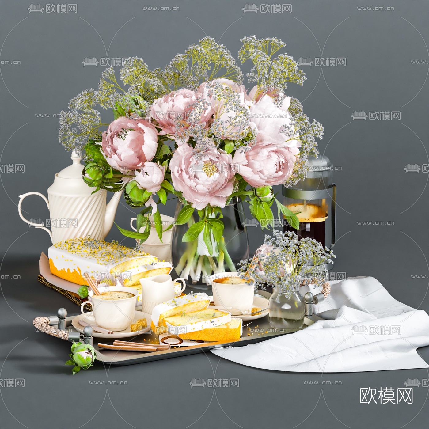 北欧奶油吐司花卉摆件3d模型下载（渲染图1）