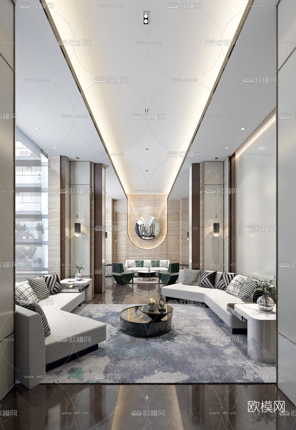 HWCD设计 新中式售楼处休息区3d模型下载（渲染图1）