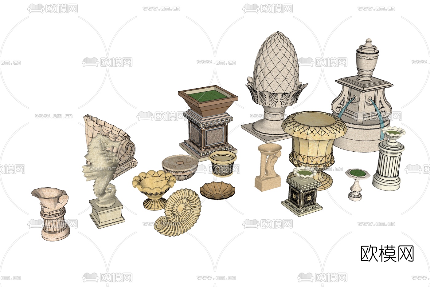 欧式花钵组合免费su模型下载