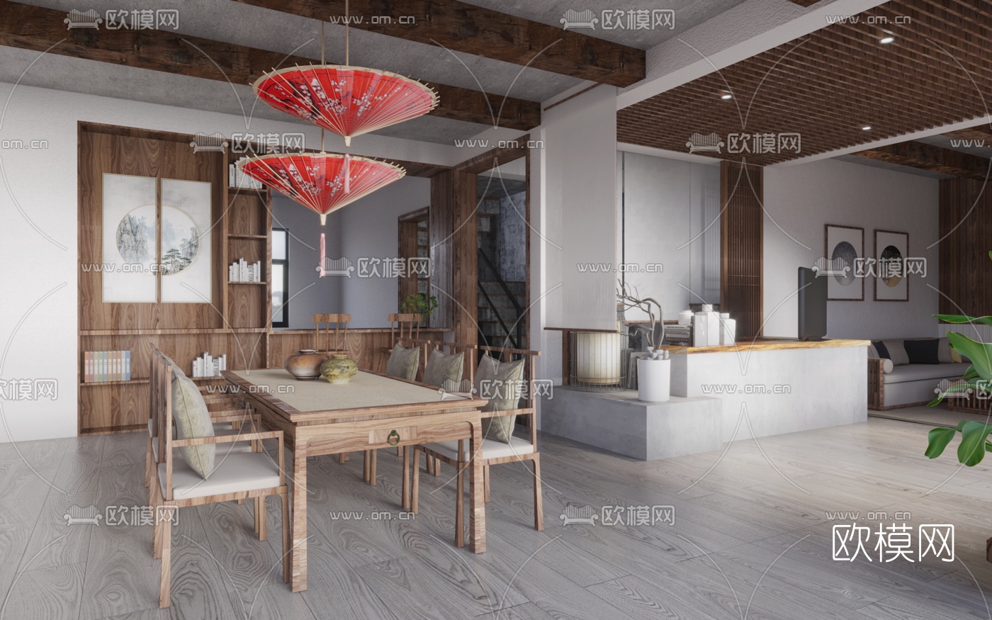 现代民宿客厅餐厅3d模型下载（渲染图2）