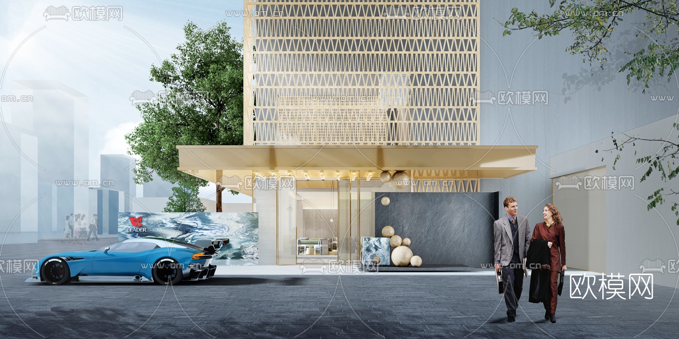 现代轻奢酒店大堂吧3d模型下载（渲染图3）