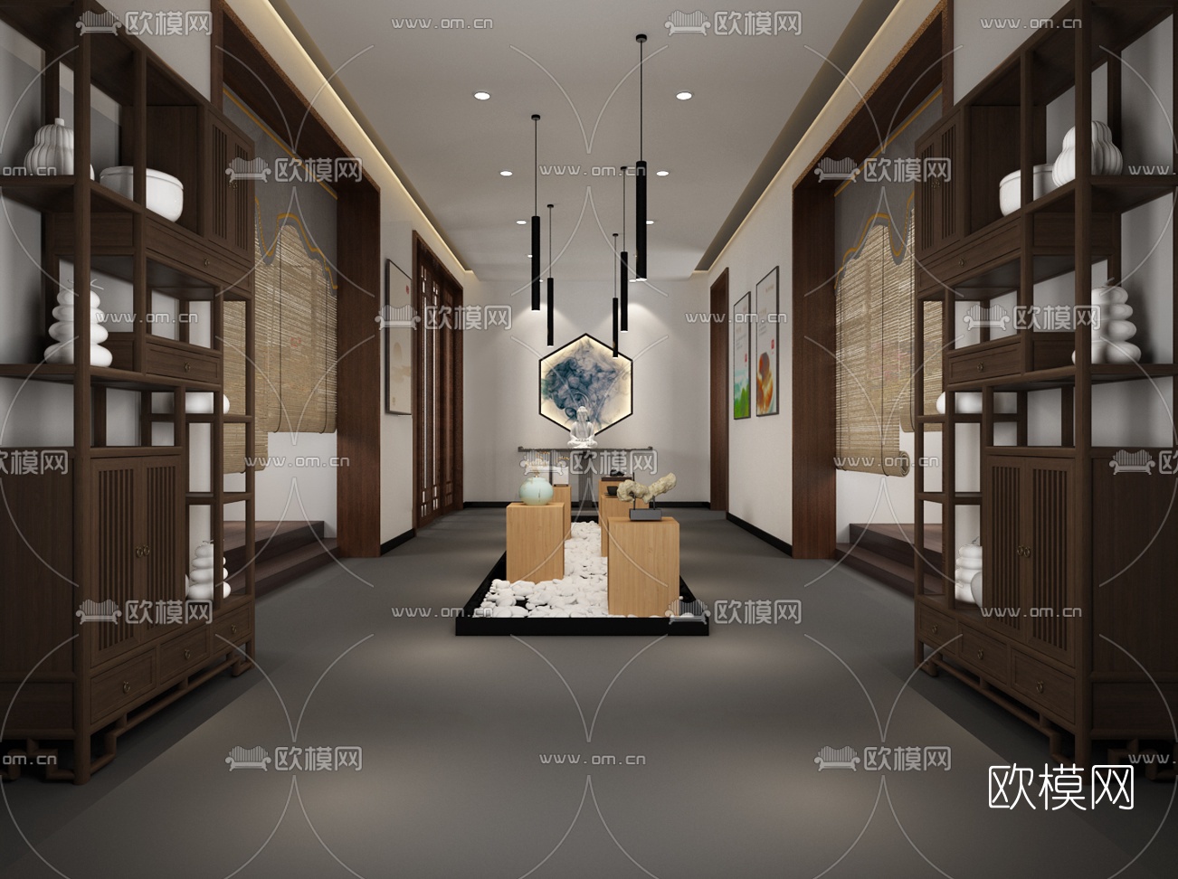 新中式会所走廊过道免费3d模型下载