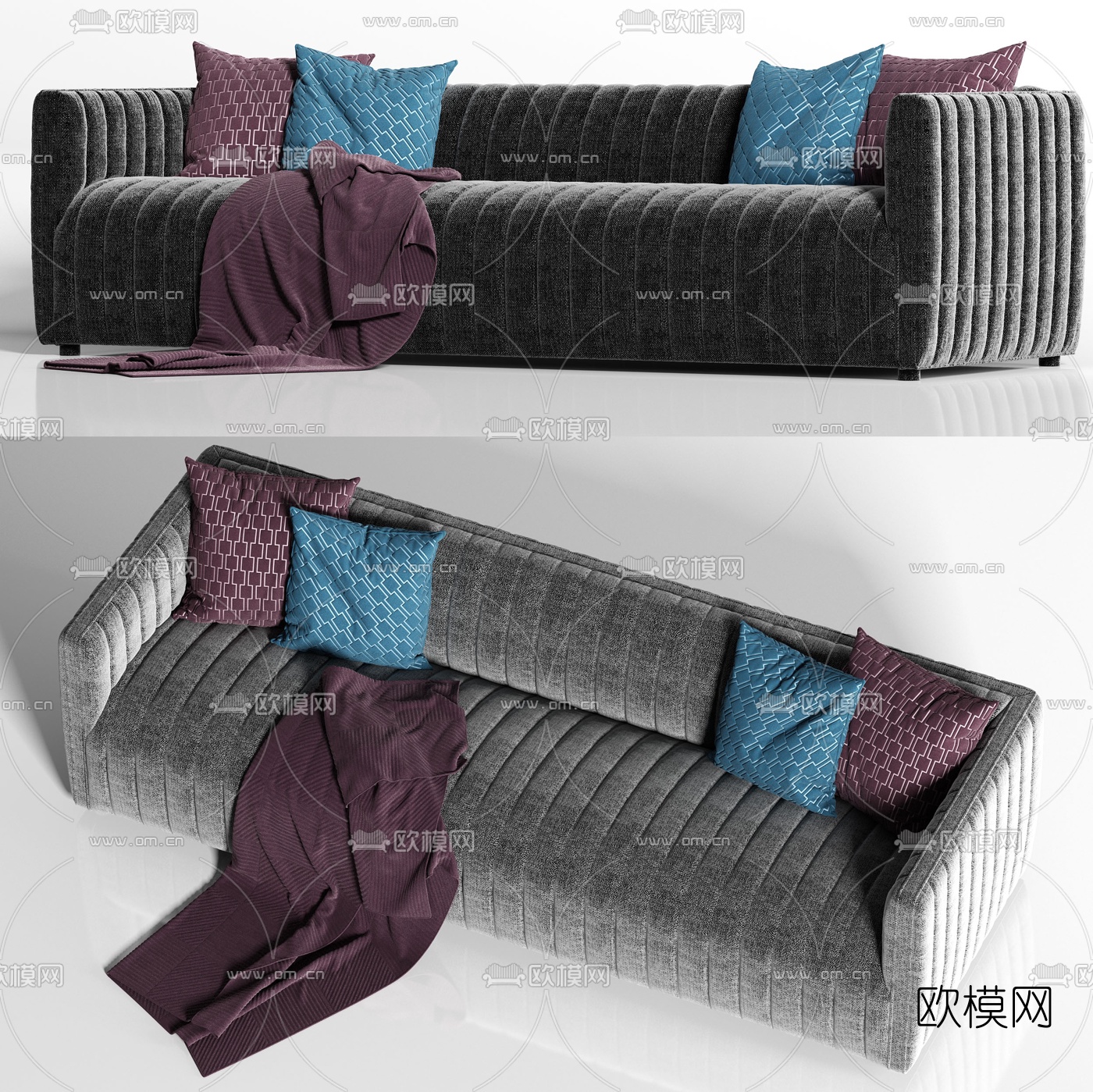 现代绒布多人沙发3d模型-免费3dmax模型库-欧模网