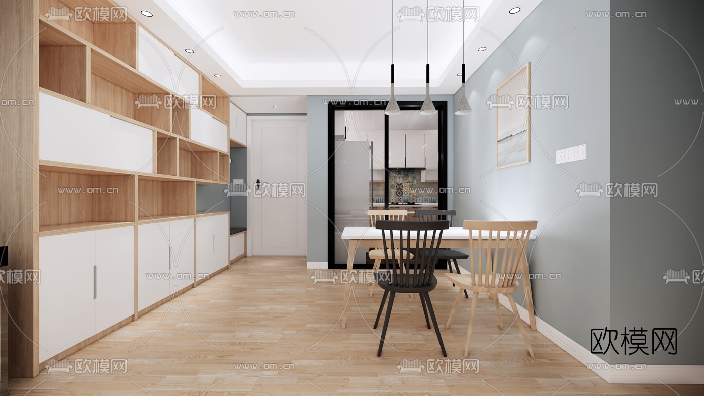 北欧客厅餐厅su模型下载（渲染图3）