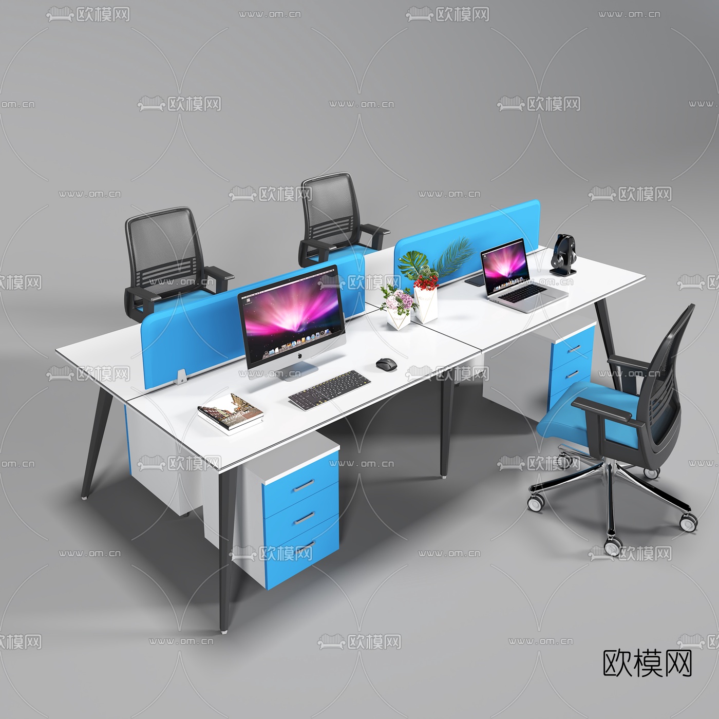 现代办公桌椅卡位3d模型下载（渲染图1）
