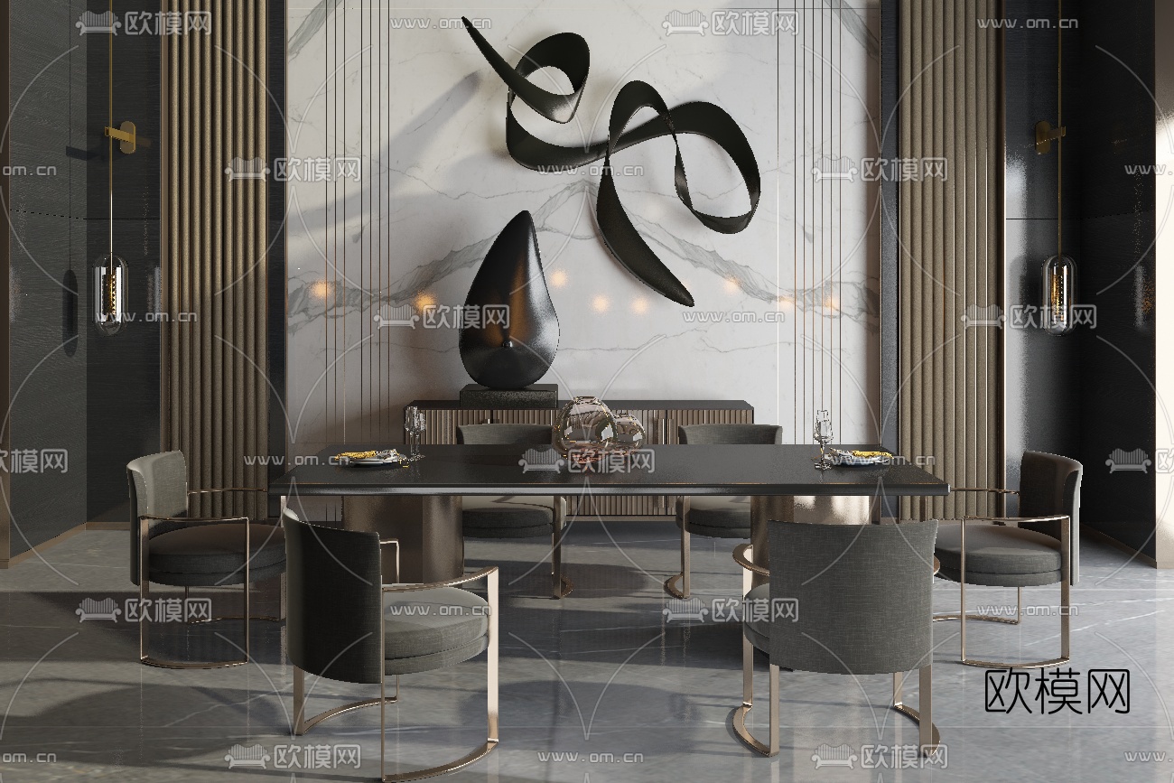 现代轻奢餐桌椅su模型下载（渲染图1）