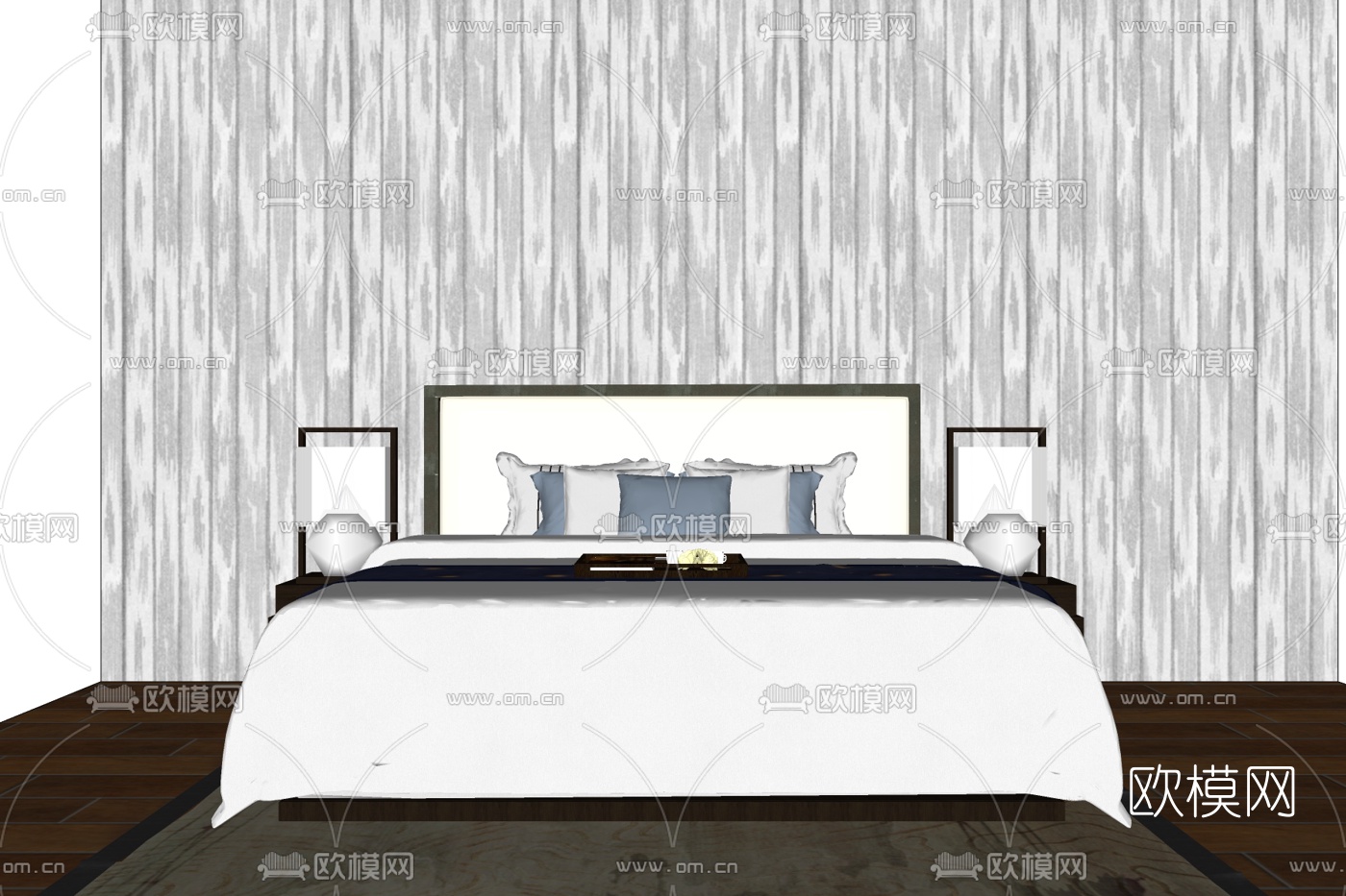 新中式布艺双人床免费su模型-免费3dmax模型库-欧模网