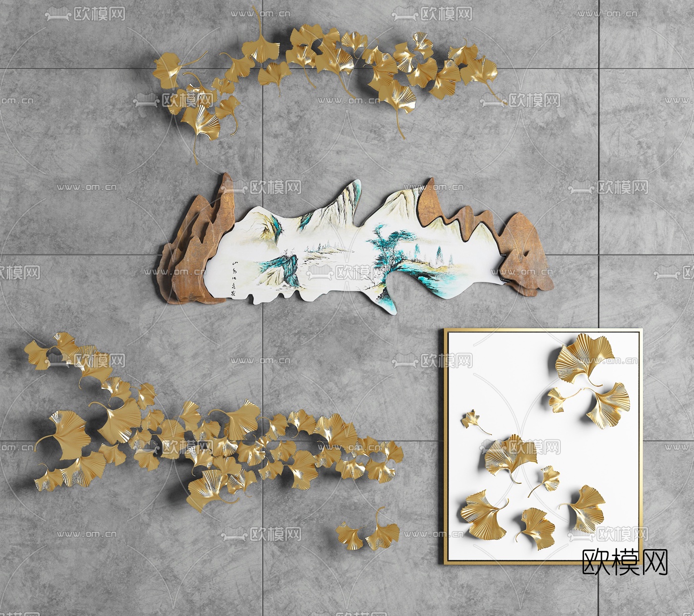 新中式金属树叶墙饰挂件3d模型