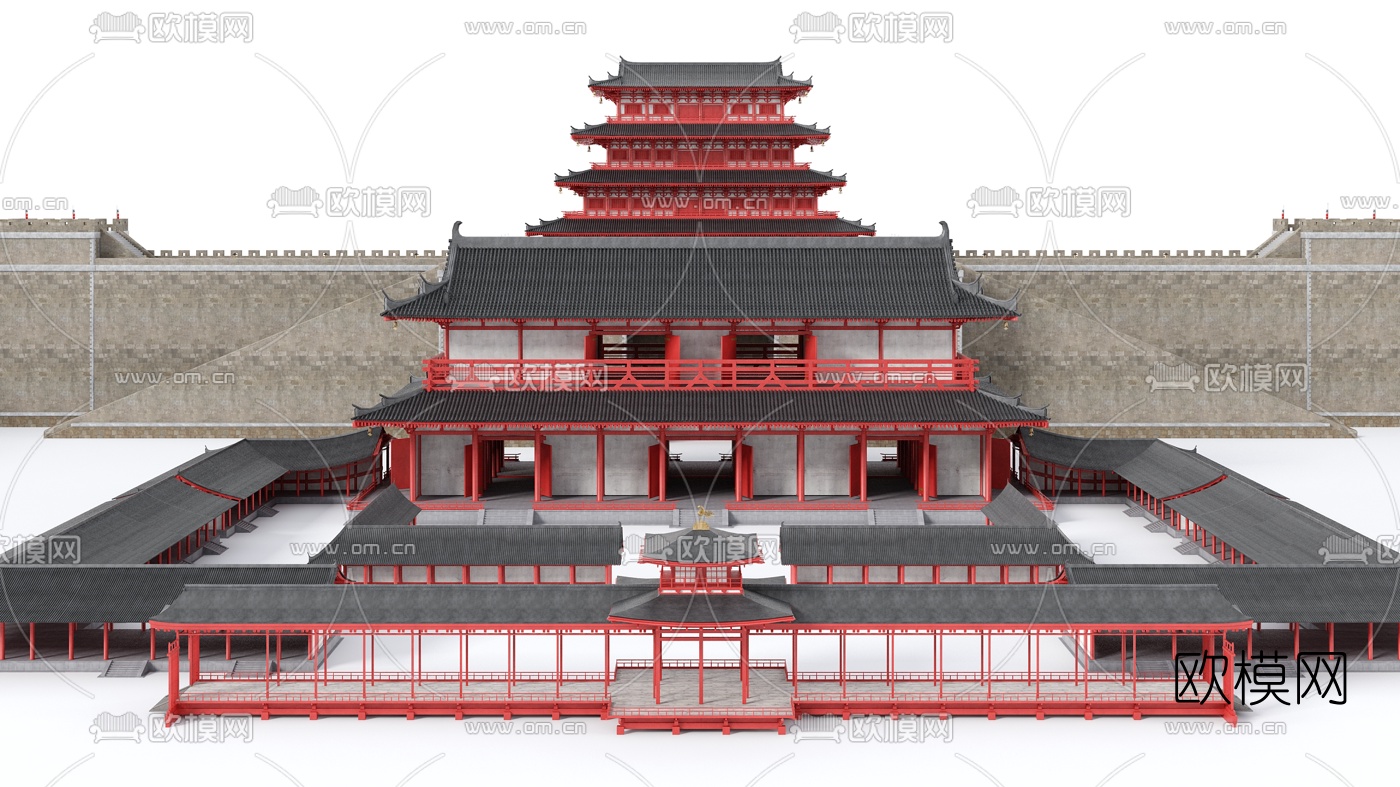中式楼阁古廊桥3d模型下载（渲染图1）