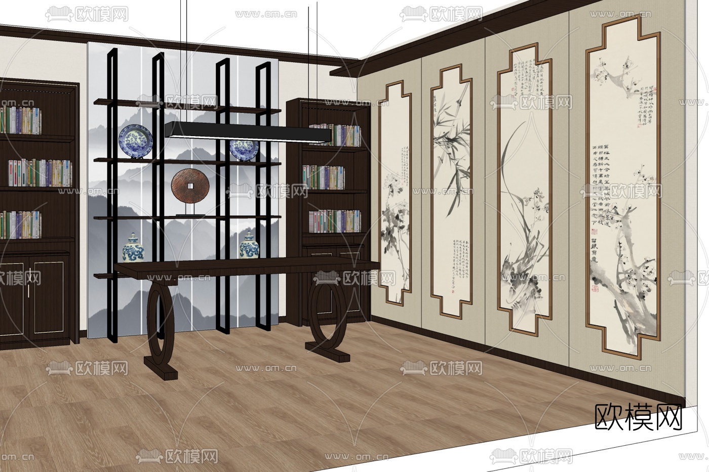 新中式书房su模型下载