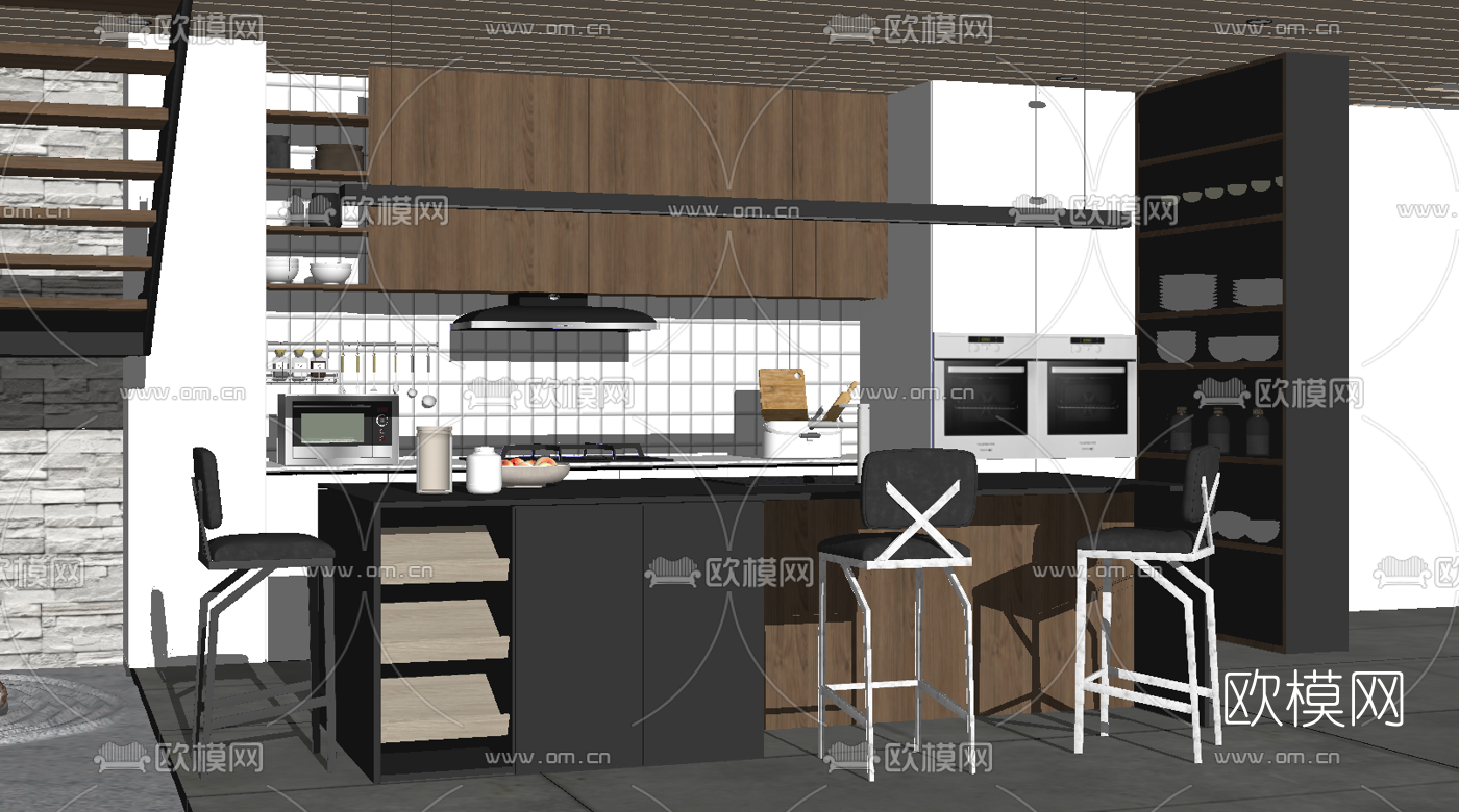 现代开放式厨房su模型