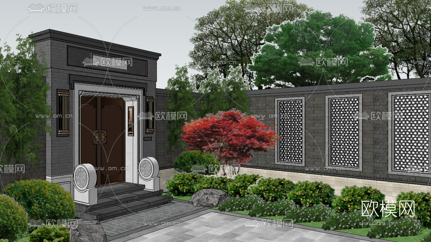 新中式别墅庭院景观su模型下载（渲染图3）