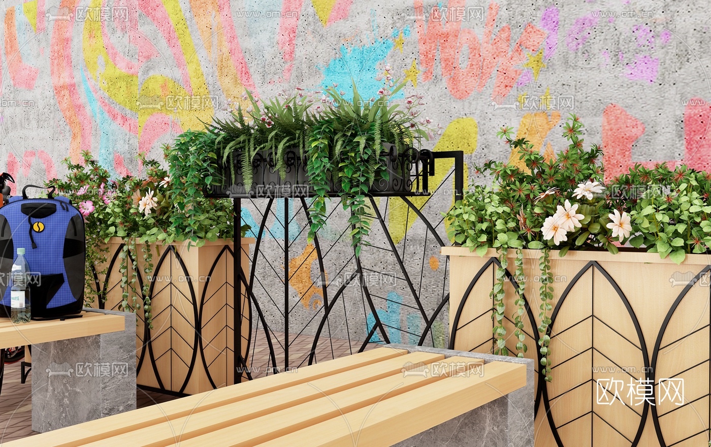 现代户外长凳组合3d模型下载（渲染图2）