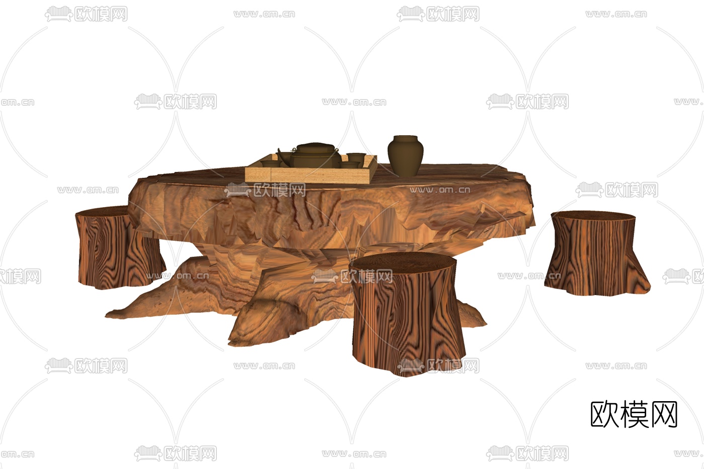新中式根雕茶桌椅免费su模型下载
