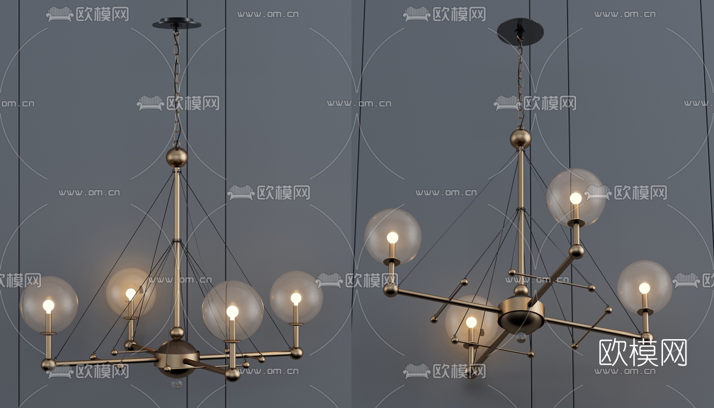 简欧金属玻璃多头吊灯3d模型下载（渲染图1）