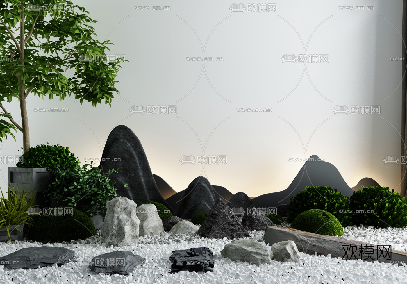 新中式绿植岩石园艺小品3d模型