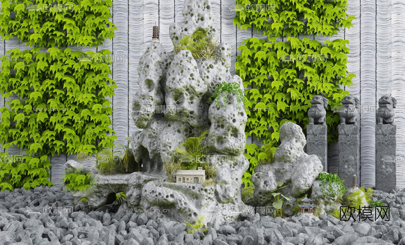 新中式园林假山景观3d模型