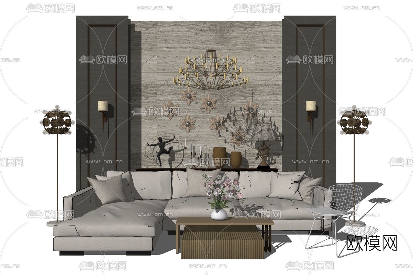 现代布艺组合沙发su模型下载