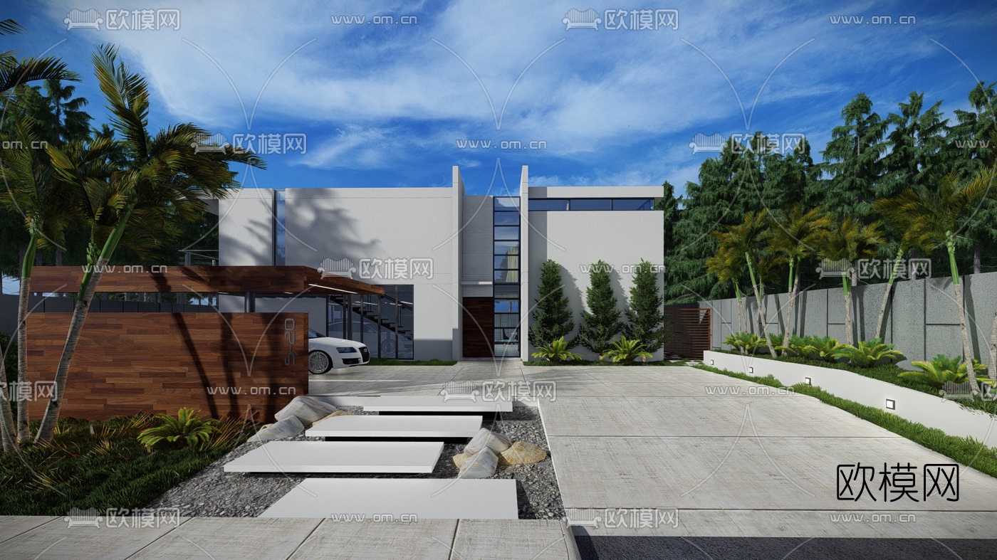 现代独栋别墅外观su模型下载（渲染图1）
