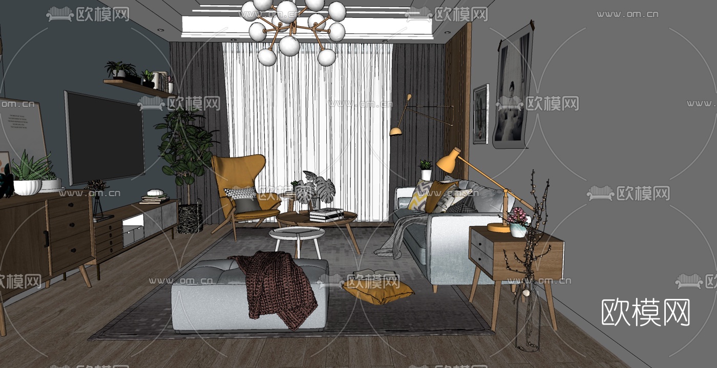 北欧客厅su模型下载