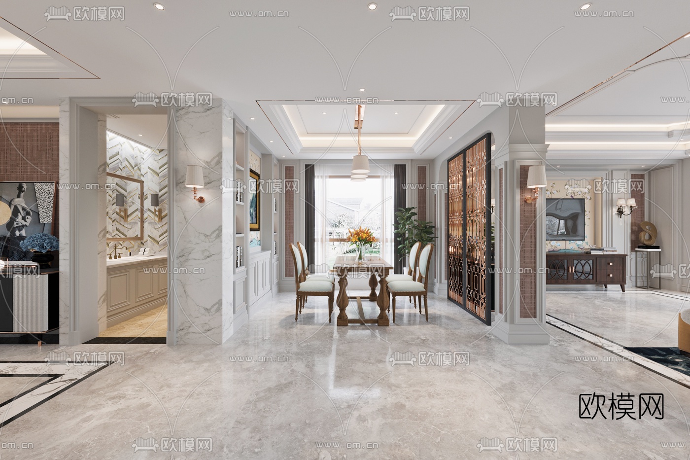 欧式别墅客厅餐厅3d模型下载（渲染图5）