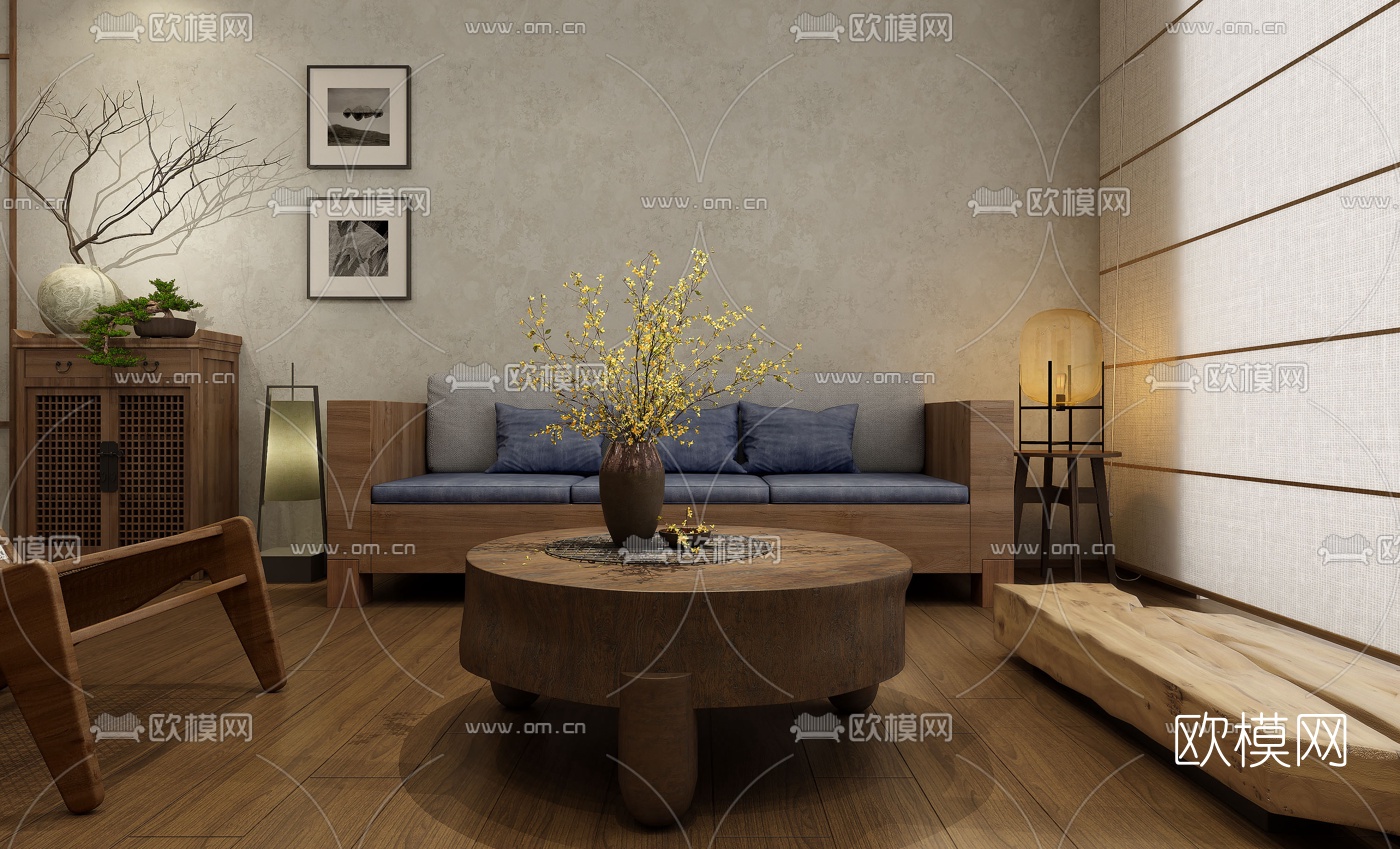 自然风原木多人沙发组合3d模型下载（渲染图1）