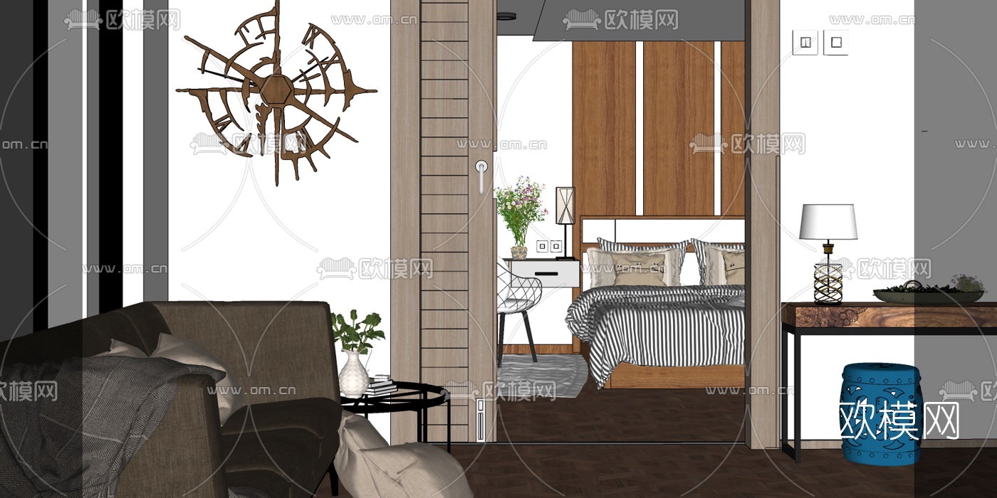 北欧卧室su模型下载