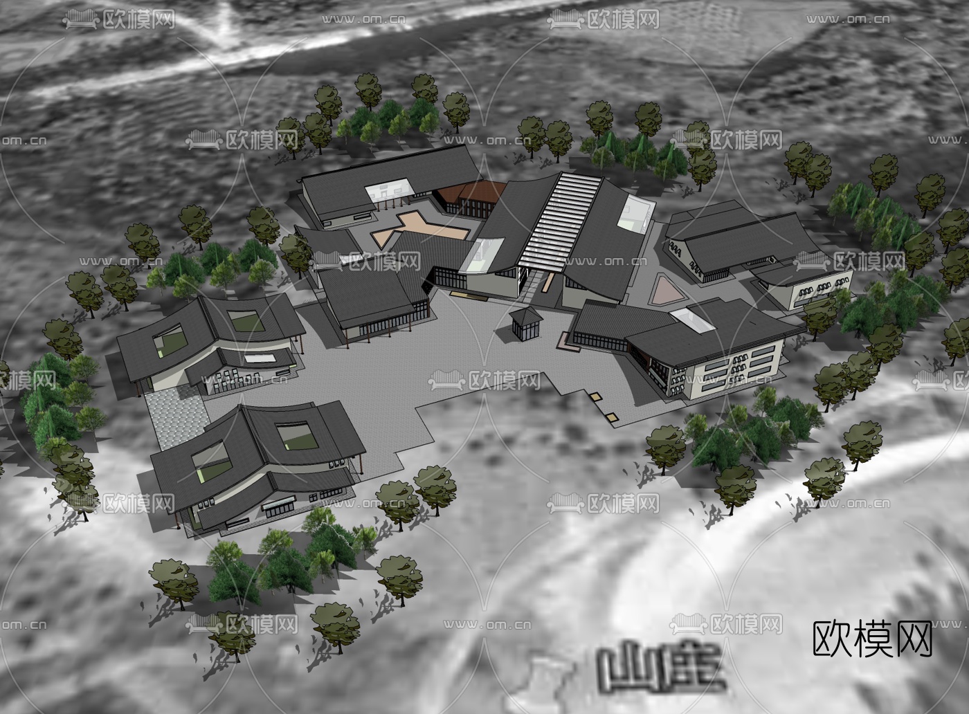 中式别墅鸟瞰规划免费su模型下载