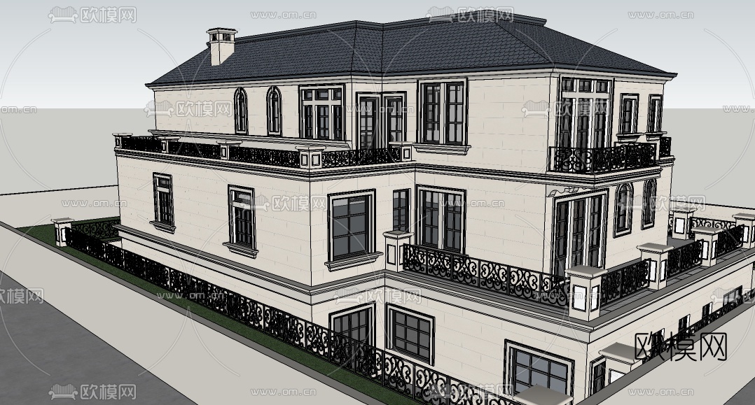 法式独栋别墅外观su模型下载（渲染图3）
