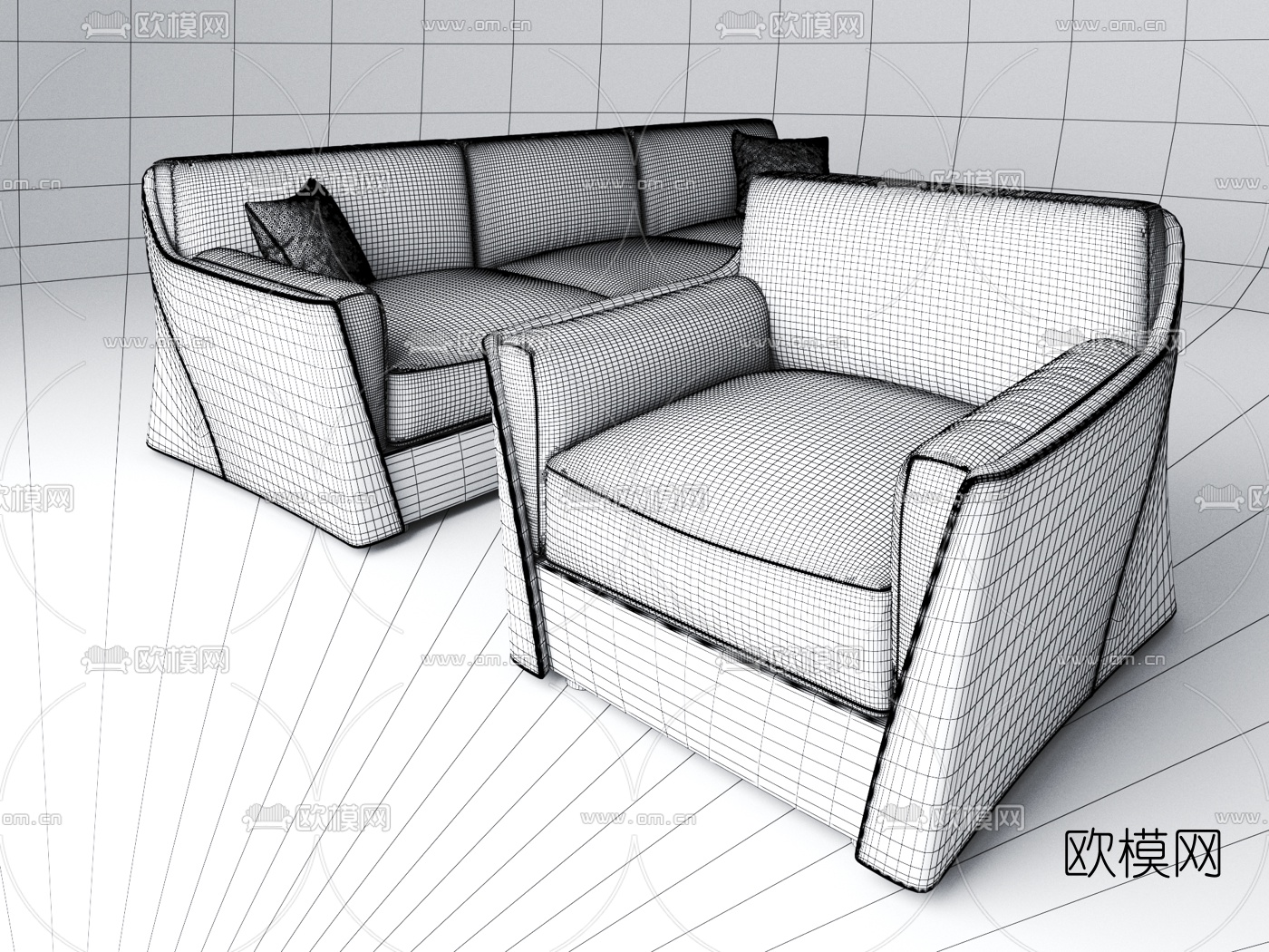 简美布艺多人沙发3d模型下载（渲染图2）