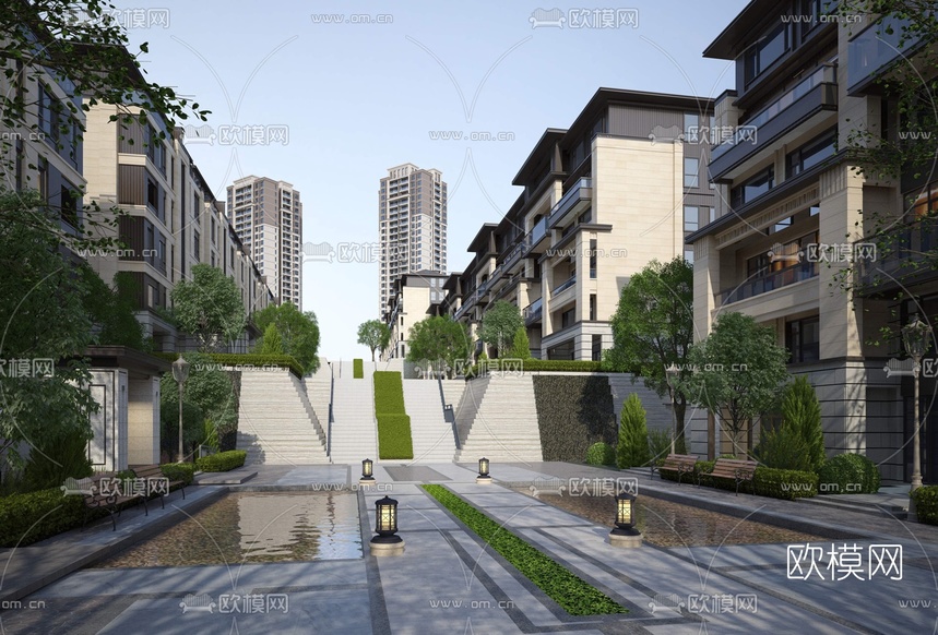 新中式住宅小区外观3d模型下载