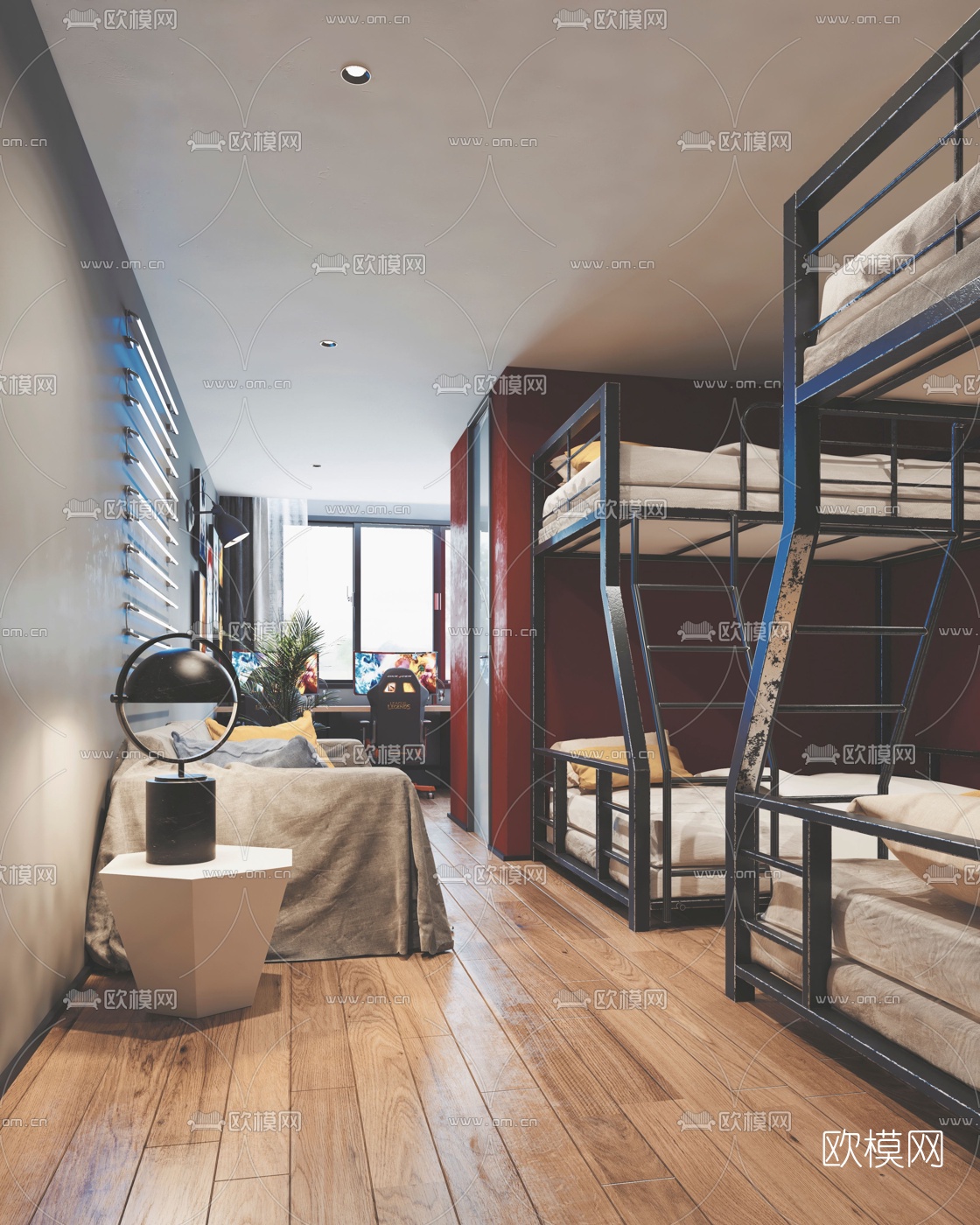 工业风电竞酒店四人客房3d模型下载