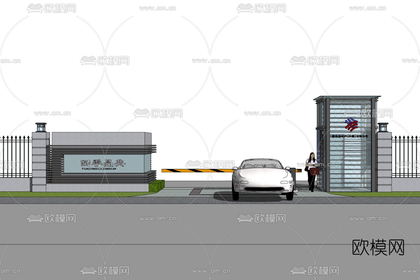 新中式小区入口门头免费su模型下载